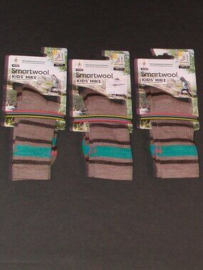 3 Pairs SmartWool Kids Hike Light Cushion Striped Crew Socks Large Fossil NWT